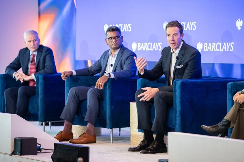 Three panellists seated on stage in front of Barclays-branded backdrop at the Barclays NextGen Energy Conference 2026, mid-discussion