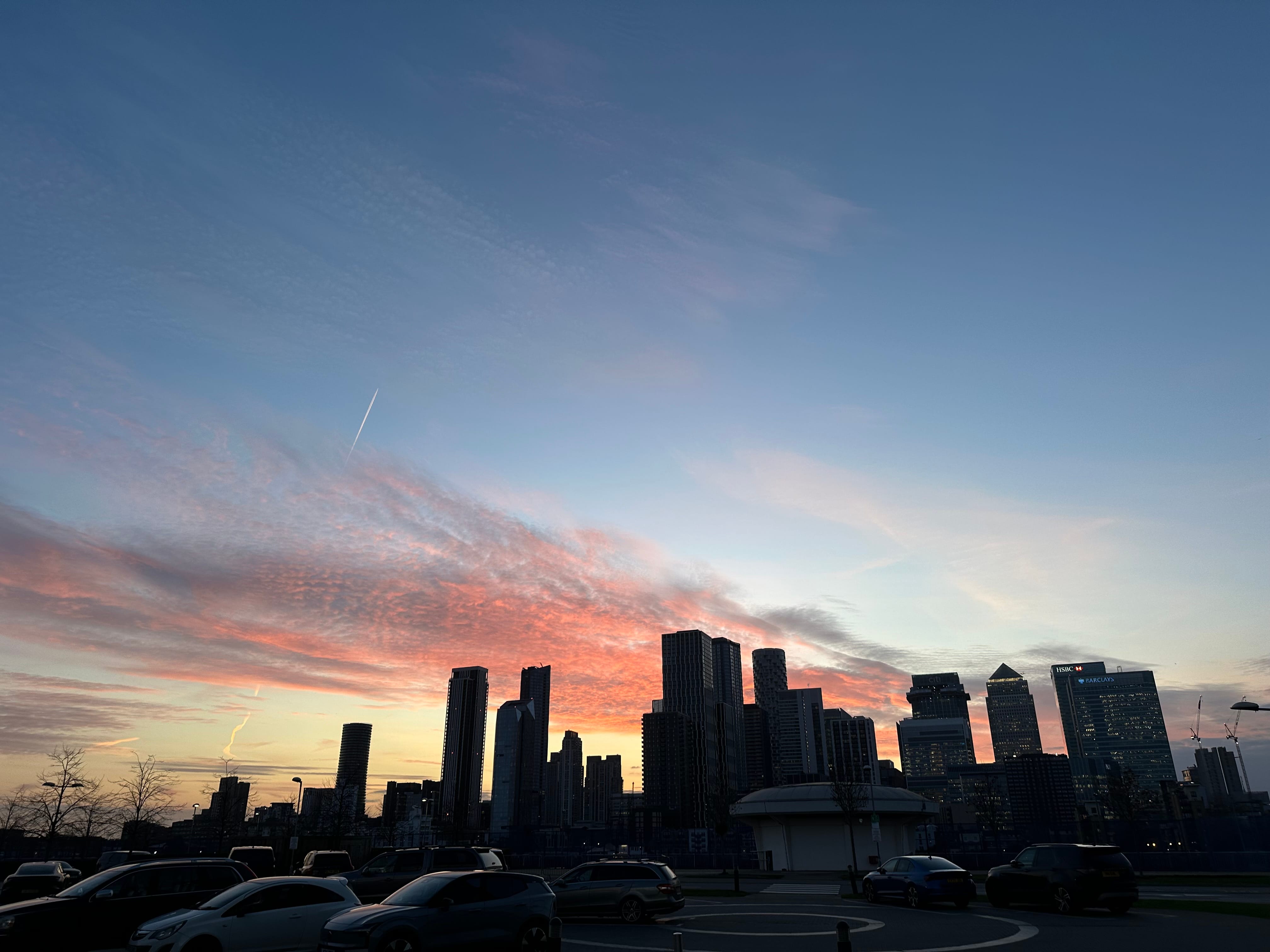 Canary Wharf skyline at sunset viewed from the InterContinental London, The O2