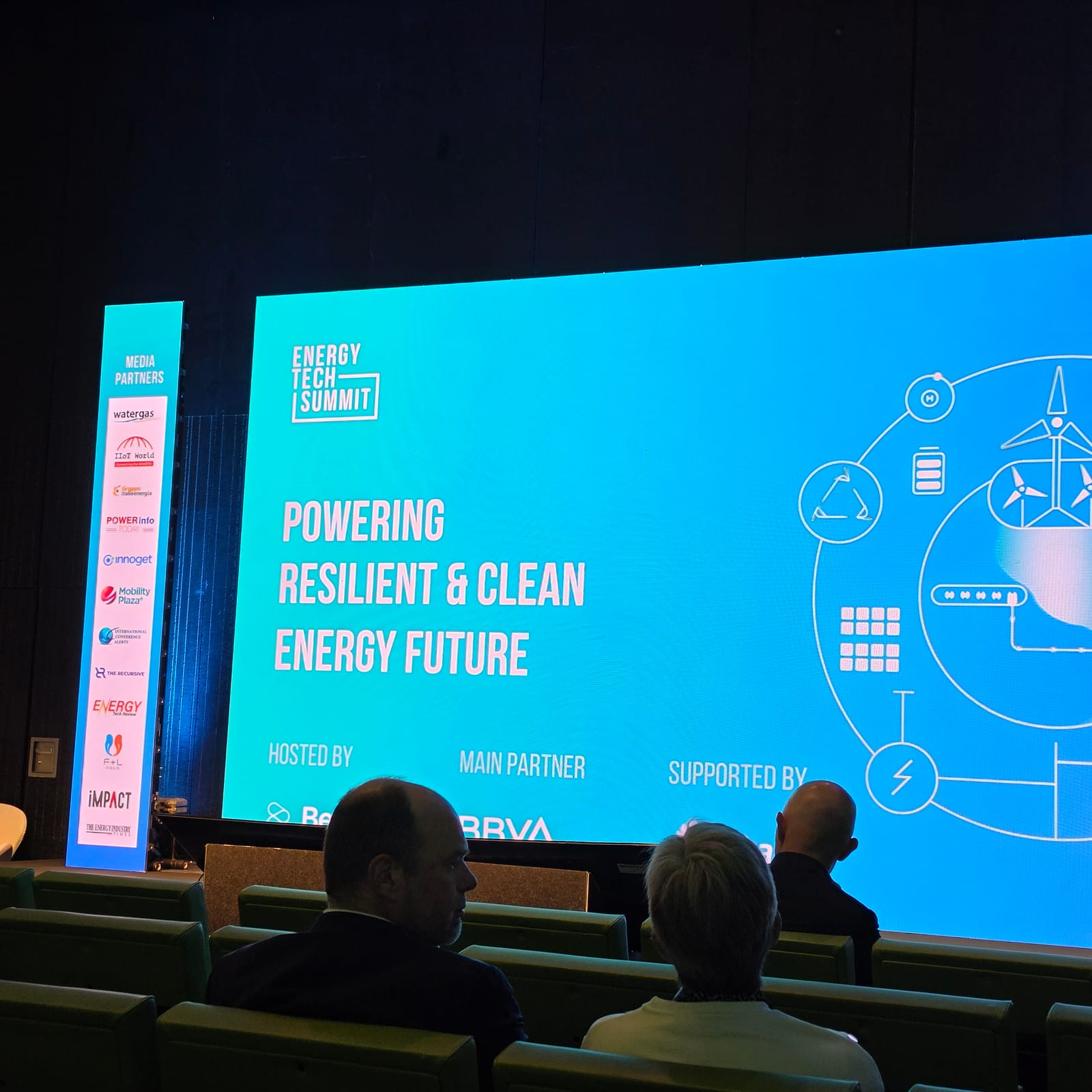 Energy Tech Summit 2026 plenary stage in Bilbao showing the "Powering Resilient & Clean Energy Future" backdrop with BBVA branding as main partner