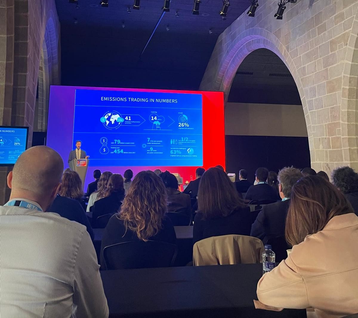 Emissions Trading in Numbers presentation on stage at the European Climate Summit 2026, showing global coverage statistics including 63% of GDP and 26% of emissions